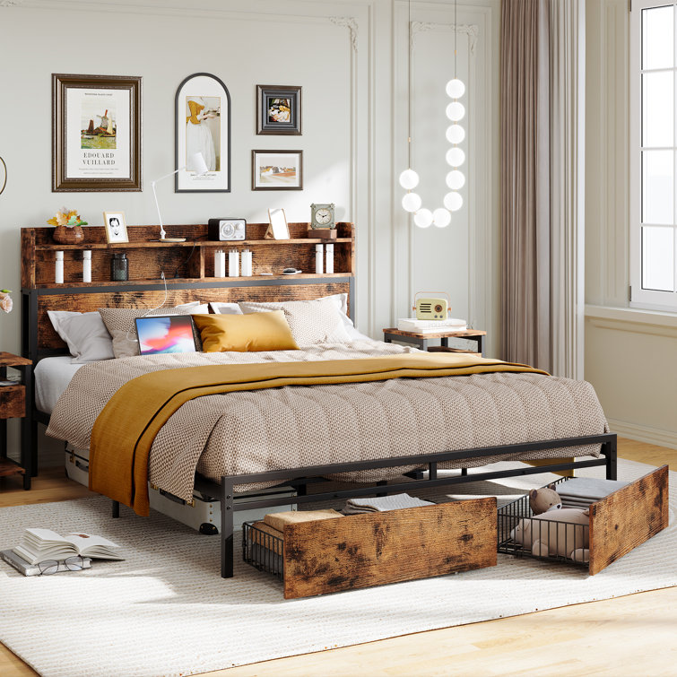 Storage bed frame on sale with bookshelf headboard